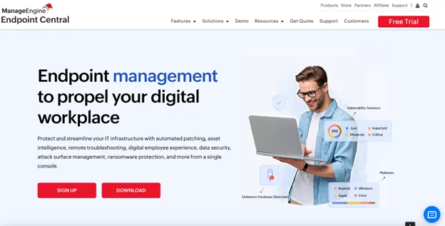 ManageEngine Endpoint Central dashboard for unified endpoint management