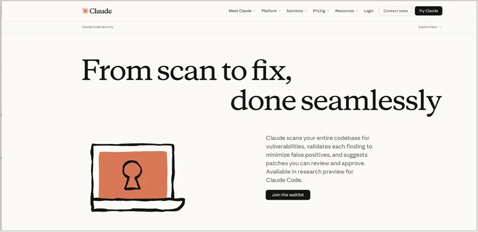 Claude Code Security webpage hero section with headline “From scan to fix, done seamlessly,” description about scanning code for vulnerabilities, and an illustration of a laptop with a keyhole icon