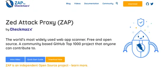Screenshot of the ZAP by Checkmarx homepage introducing the open-source Zed Attack Proxy (ZAP)